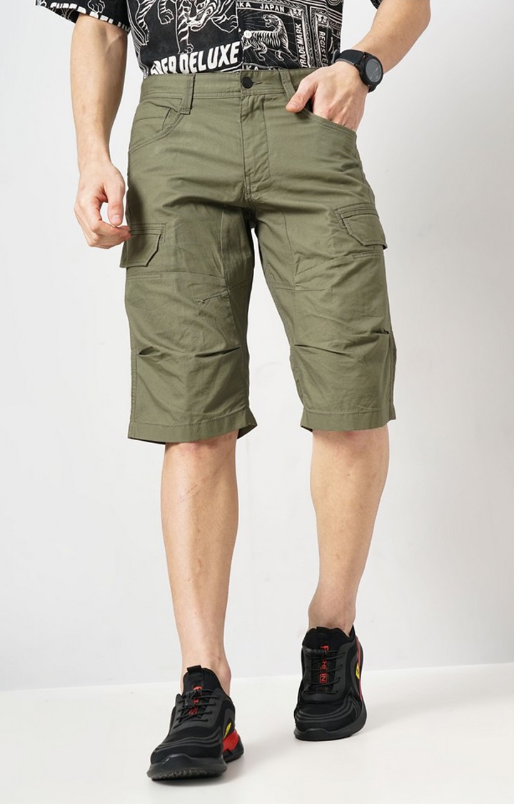 celio | Celio Men Khaki Solid Loose Fit Cotton Ribs Top Cargo Casual Short