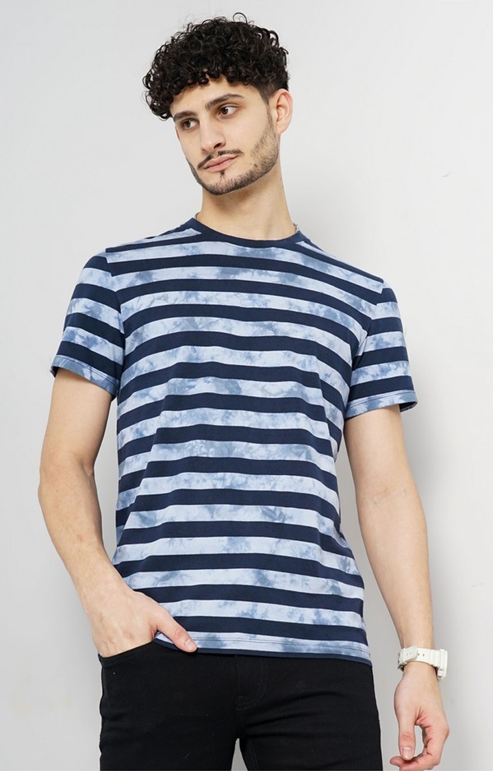 celio | Celio Men Blue Striped Regular Fit Cotton Fashion Tshirt