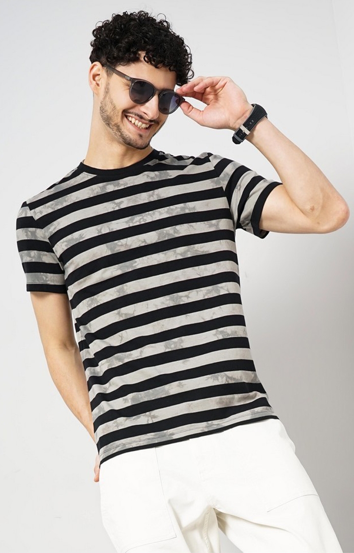 celio | Celio Men Grey Striped Regular Fit Cotton Fashion Tshirt