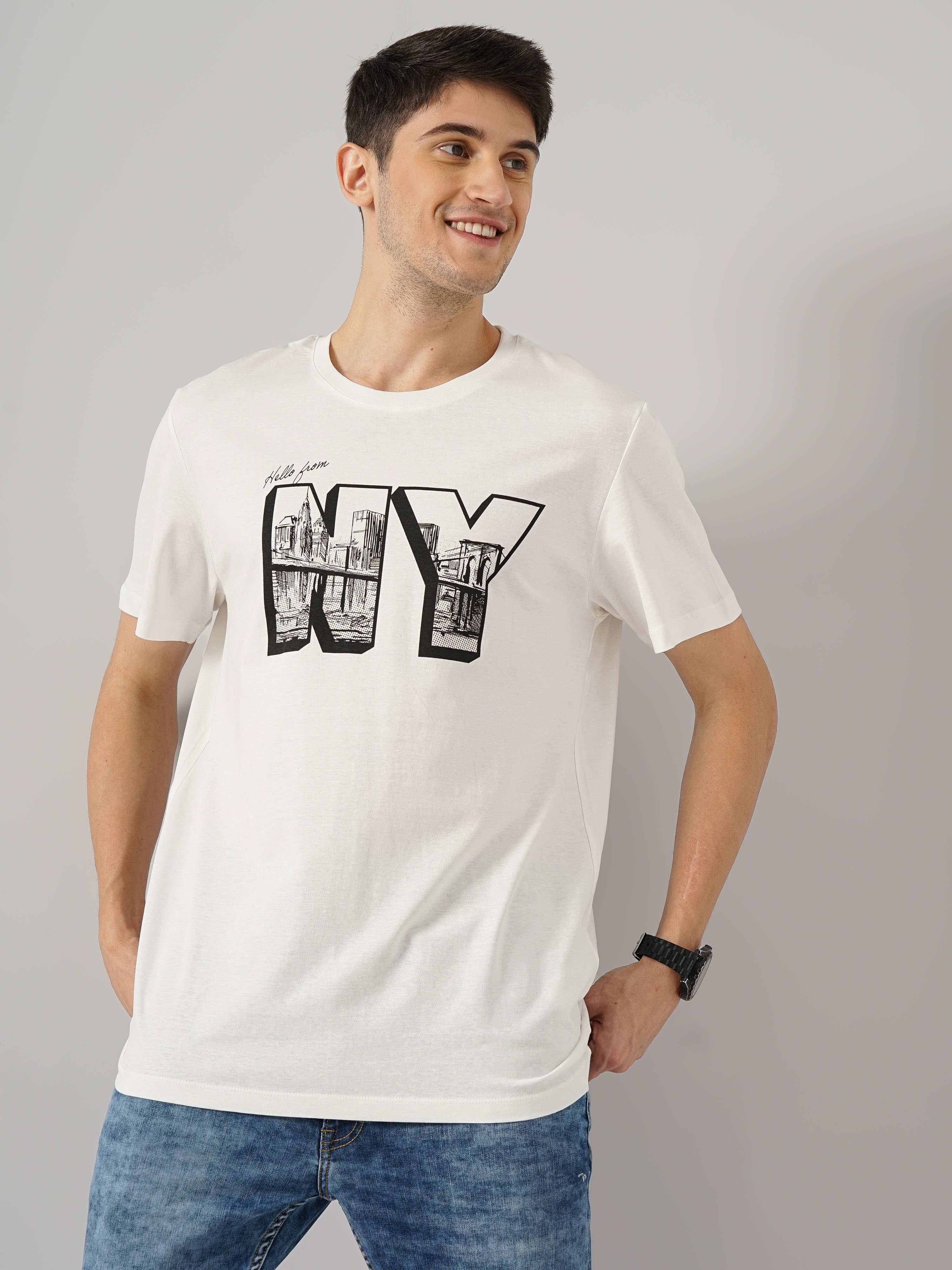 celio | Celio Men Off White Printed Regular Fit Cotton  T-Shirt