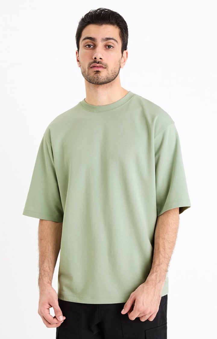 celio | Celio Men Green Solid Boxy Cotton Oversized Tshirt