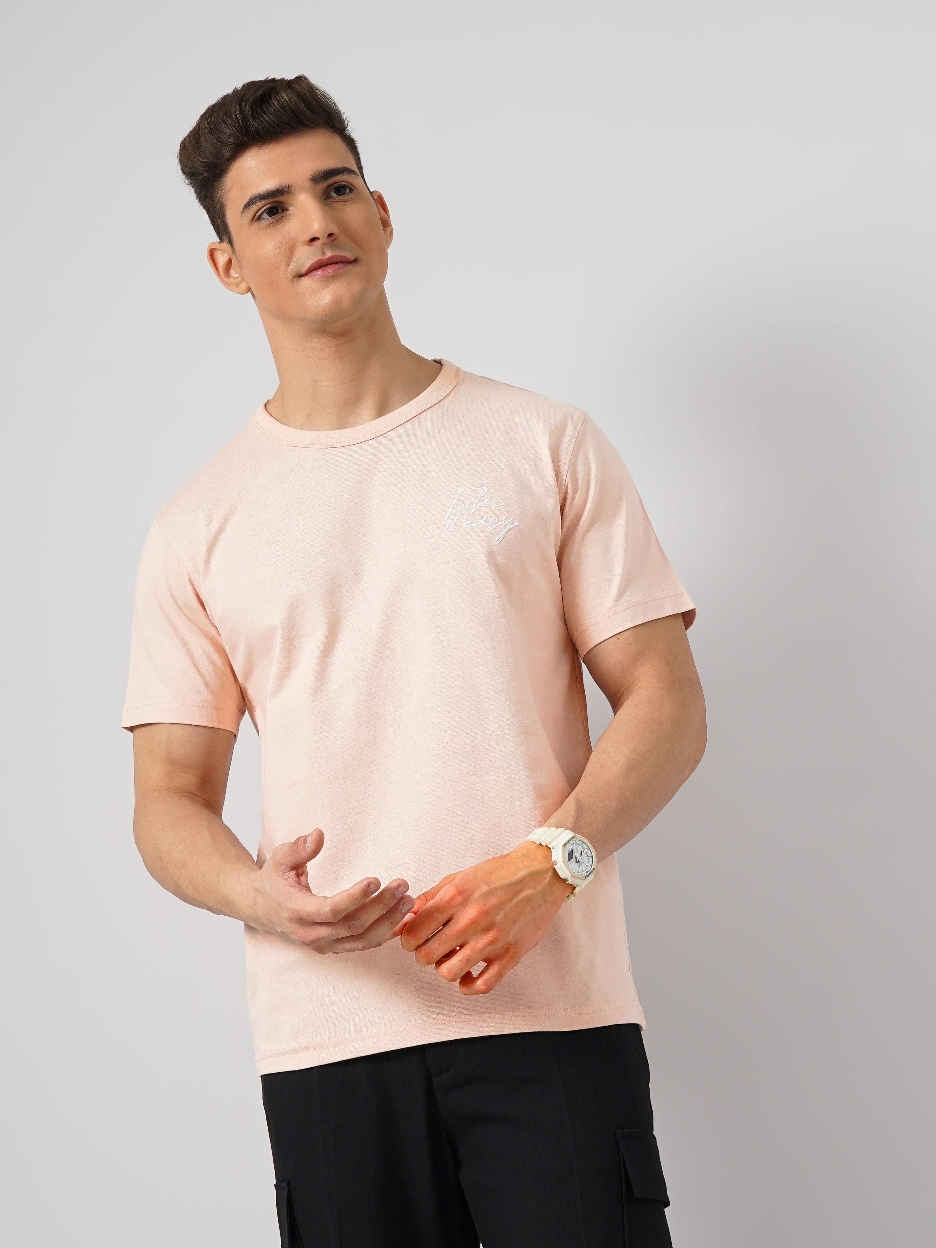 celio | Celio Men Pink Solid Regular Fit Cotton Casual Tshirts