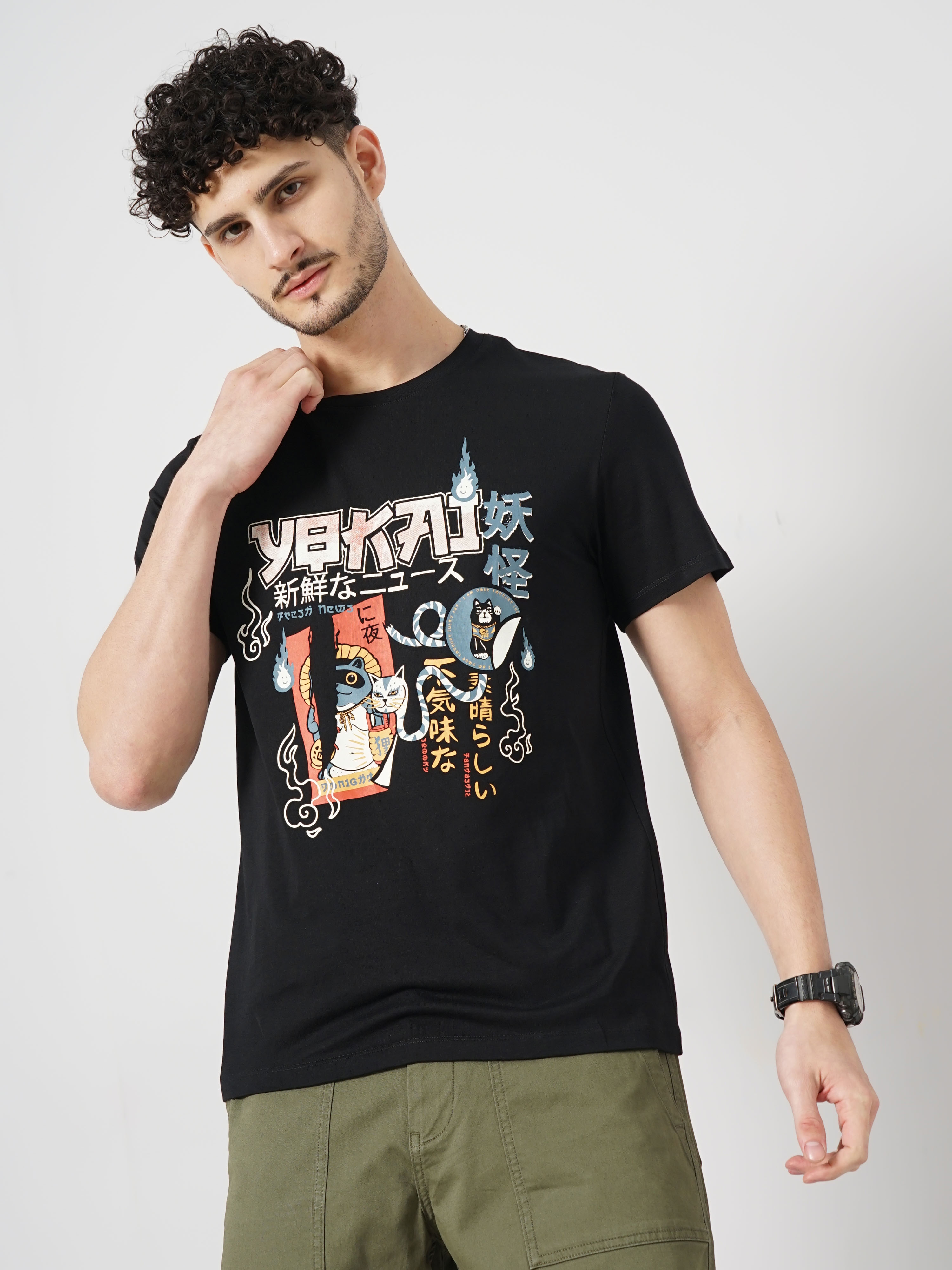 Celio Men Black Printed Regular Fit Cotton Chest Print T-Shirt Tshirt