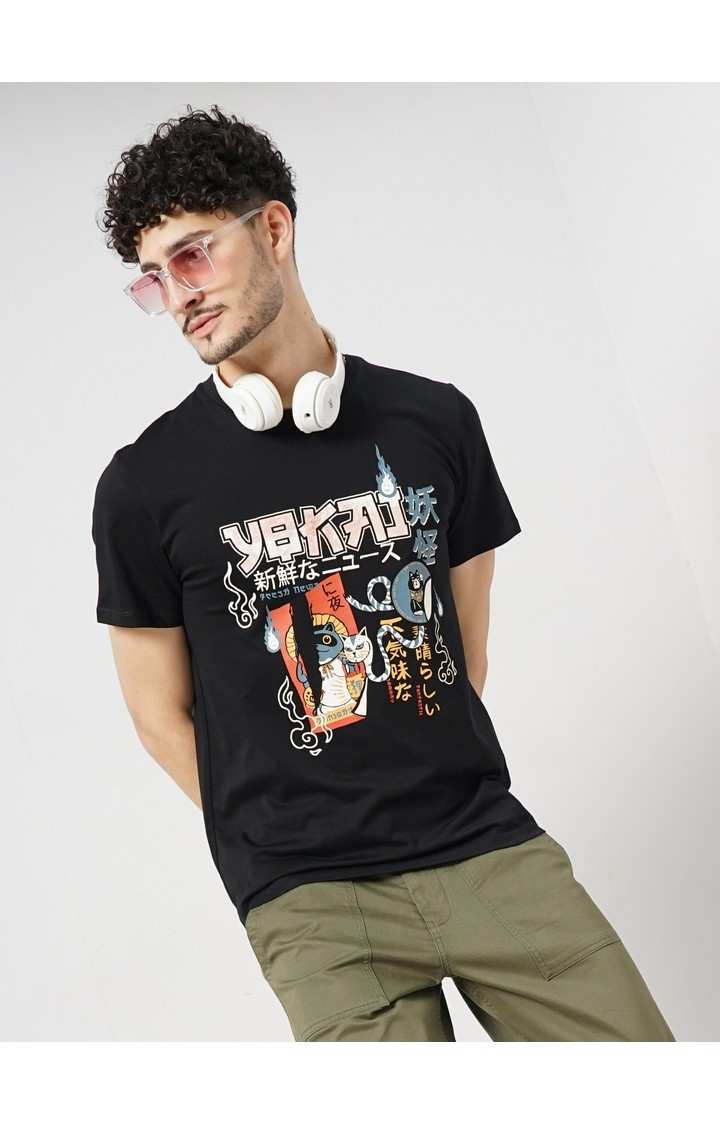 Celio Men Black Printed Regular Fit Cotton Chest Print T-Shirt Tshirt