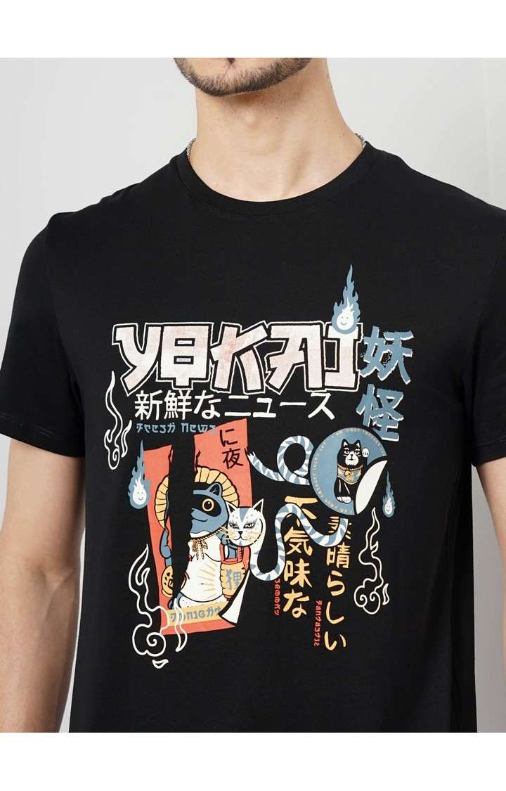 Celio Men Black Printed Regular Fit Cotton Chest Print T-Shirt Tshirt