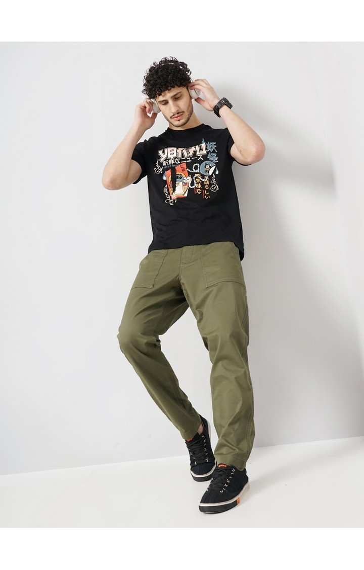Celio Men Black Printed Regular Fit Cotton Chest Print T-Shirt Tshirt