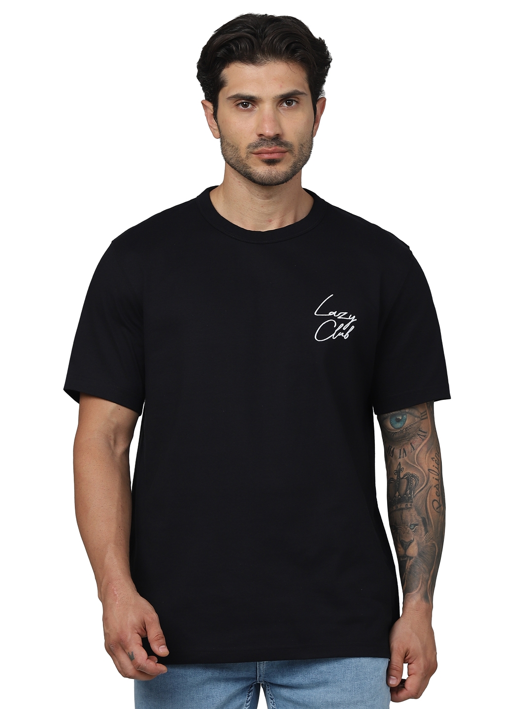 Celio Men Black Printed Regular Fit Cotton Basic Tshirts