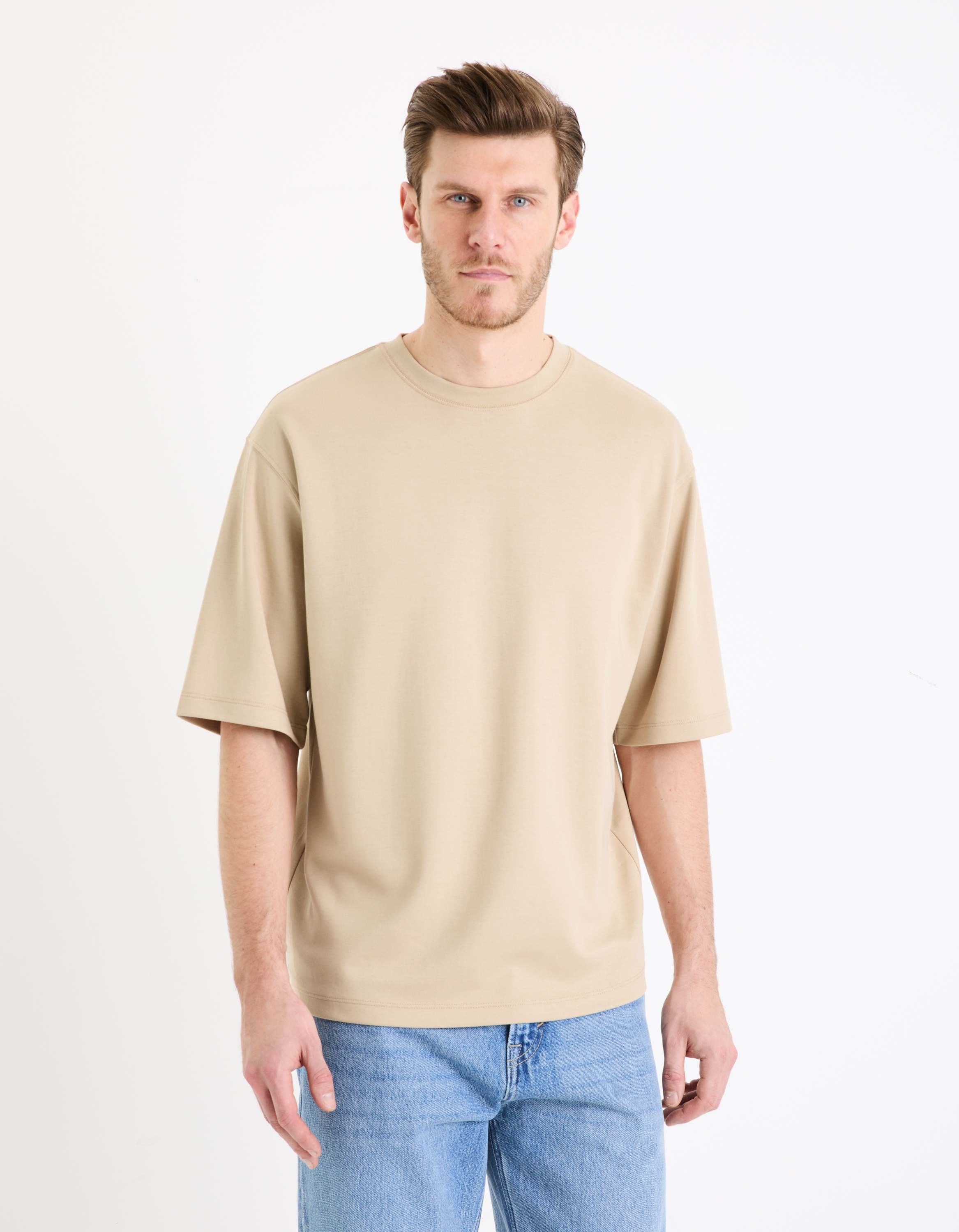 Celio Men Taupe Solid Boxy Cotton Oversized Tshirt