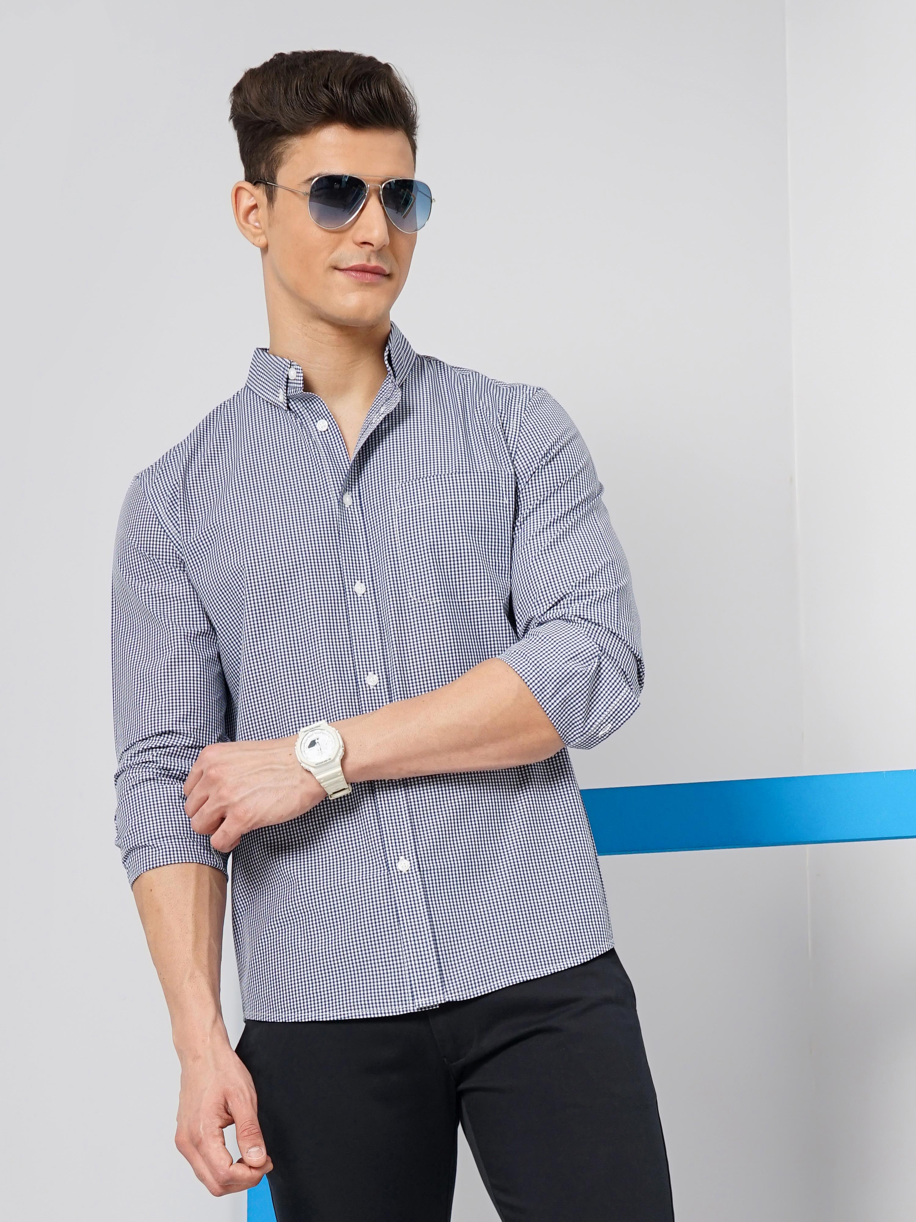 celio | Celio Men Blue Checked Regular Fit Cotton Shirt