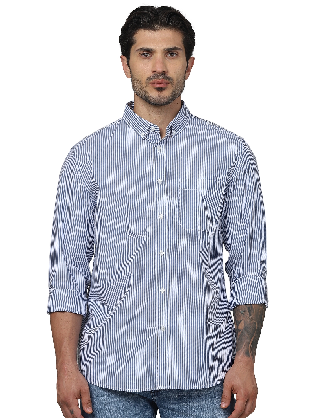 celio | Celio Men Blue Striped Regular Fit Cotton Formal Shirts