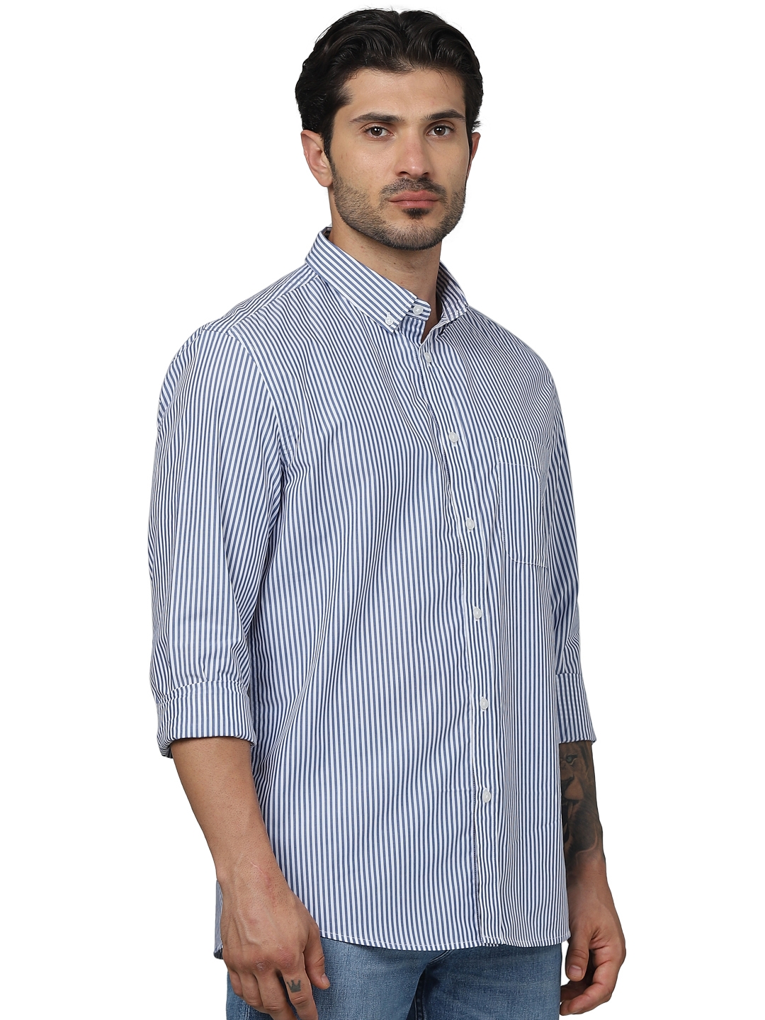 Celio Men Blue Striped Regular Fit Cotton Formal Shirts