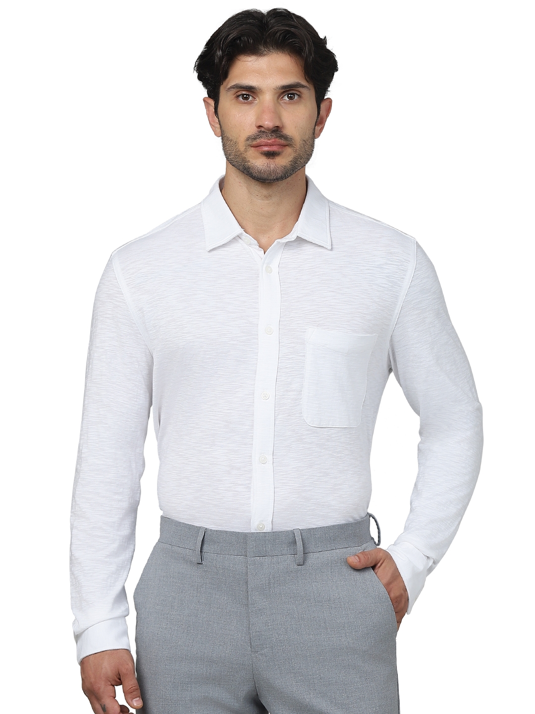 Celio Men White Solid Regular Fit Cotton Knit Shirts
