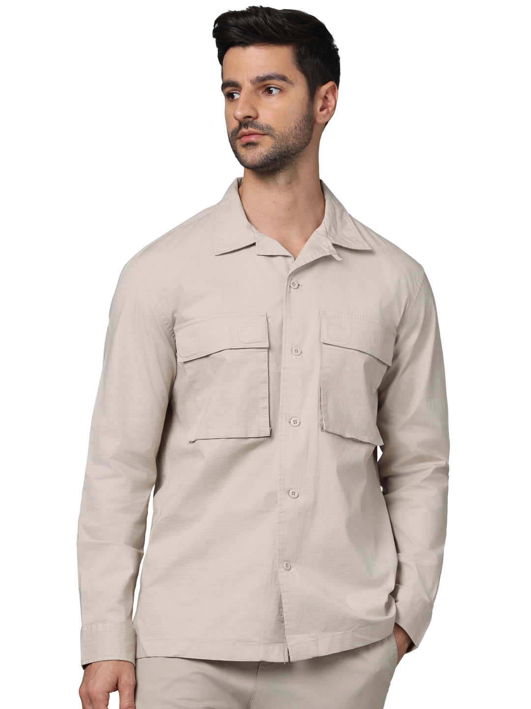 celio | Celio Men Beige Solid Oversized Cotton Shirts