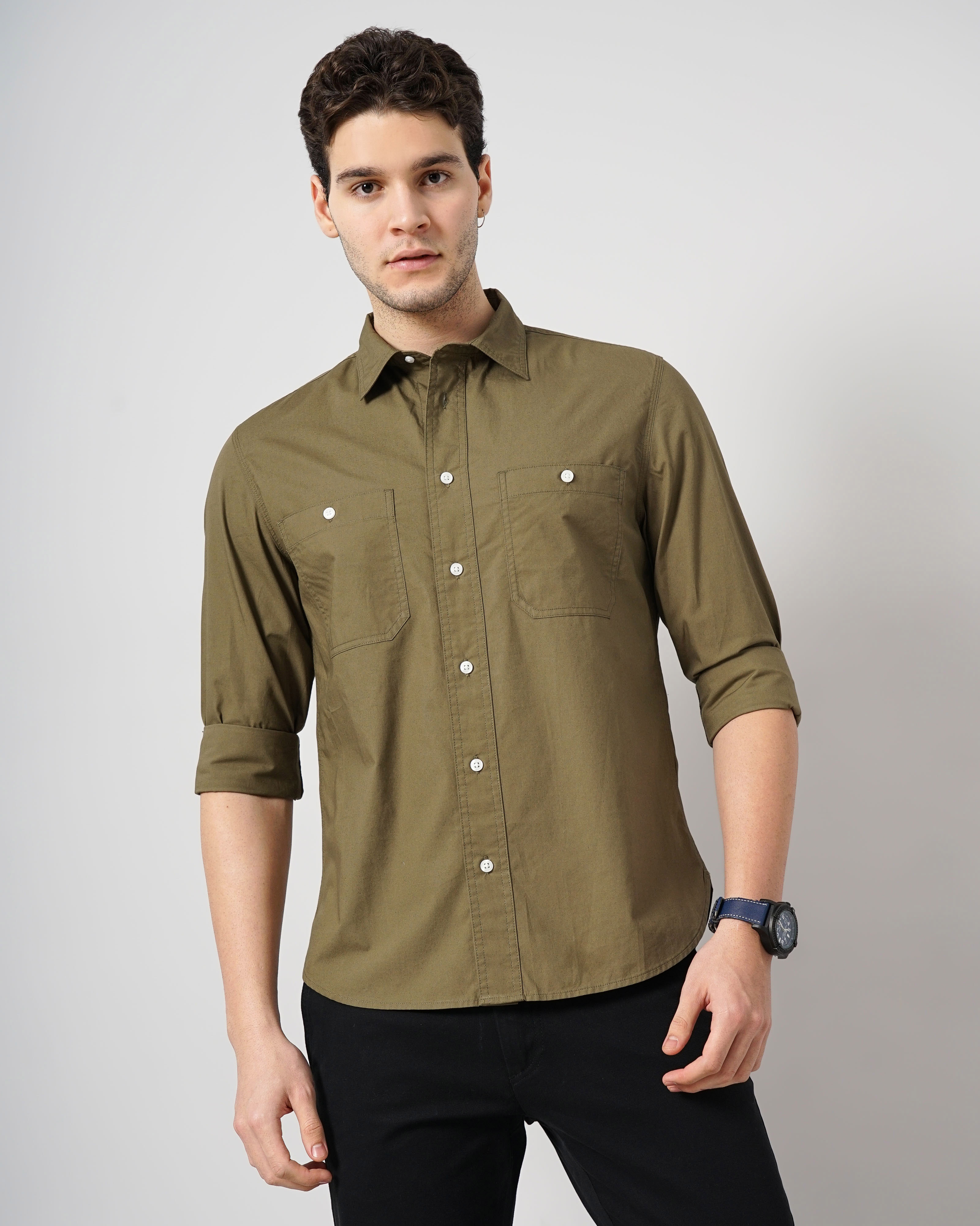 celio | Celio Men Khaki Solid Regular Fit Cotton Casual Shirt