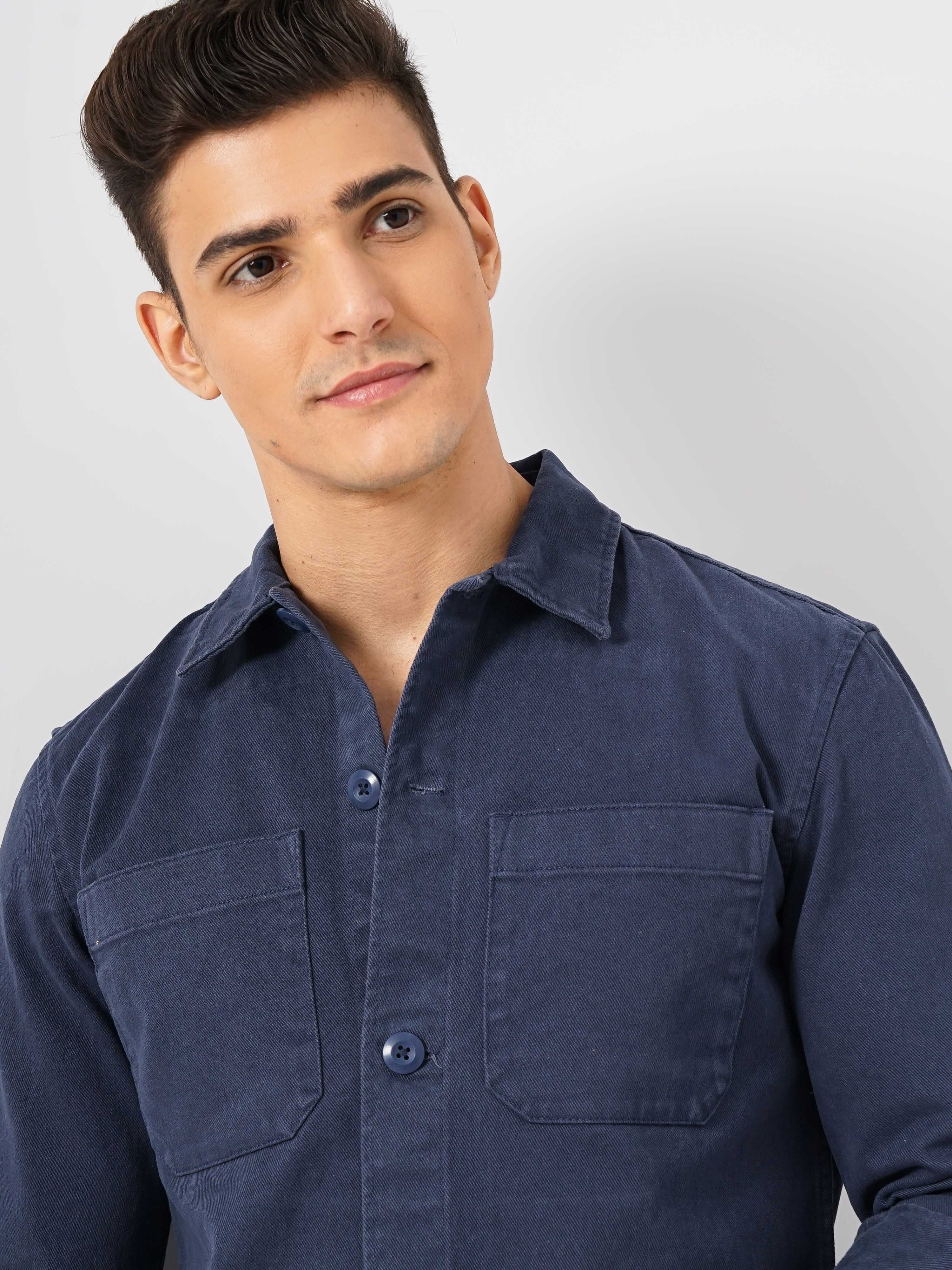 Celio Men Navy Blue Solid Oversized Cotton Overshirt