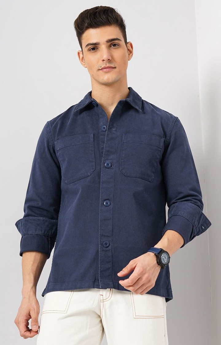 celio | Celio Men Navy Blue Solid Oversized Cotton Overshirt