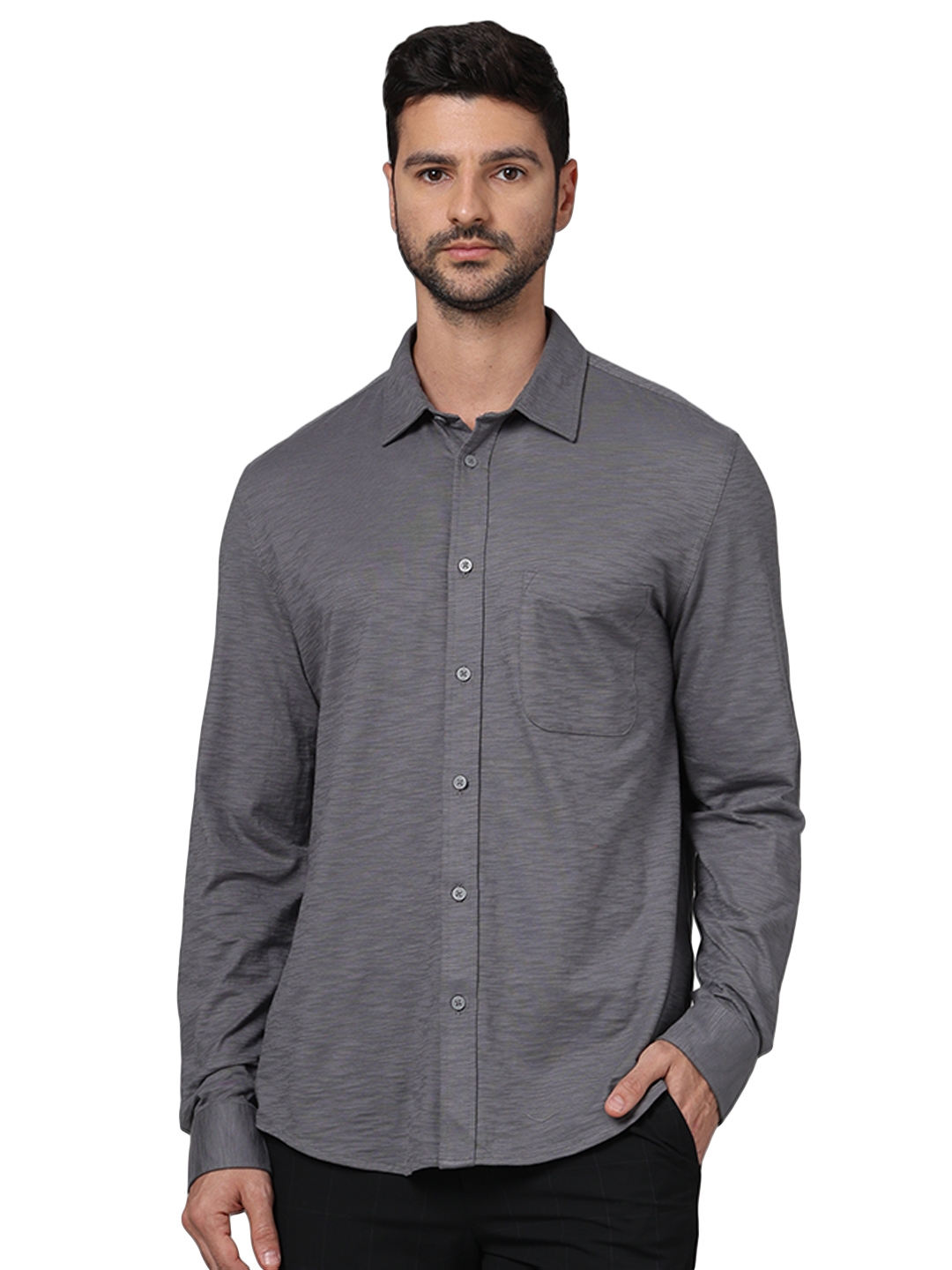 celio | Celio Men Grey Solid Regular Fit Cotton Knit Casual Shirt