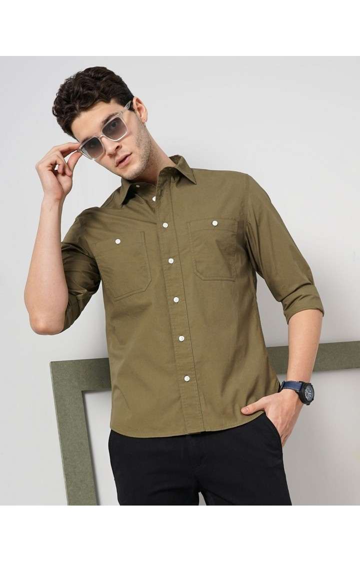 Celio Men Khaki Solid Regular Fit Cotton Casual Shirt