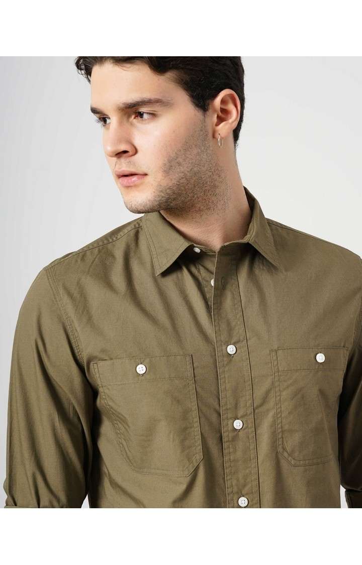 Celio Men Khaki Solid Regular Fit Cotton Casual Shirt