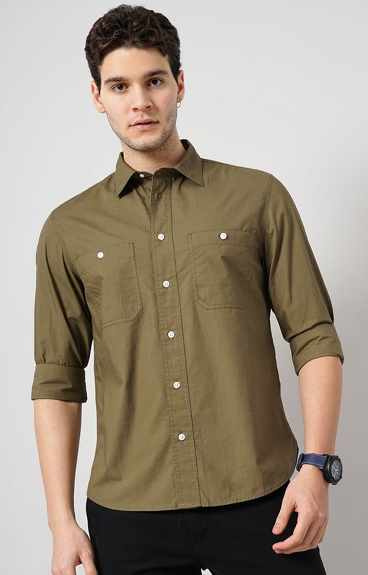 Celio Men Khaki Solid Regular Fit Cotton Casual Shirt