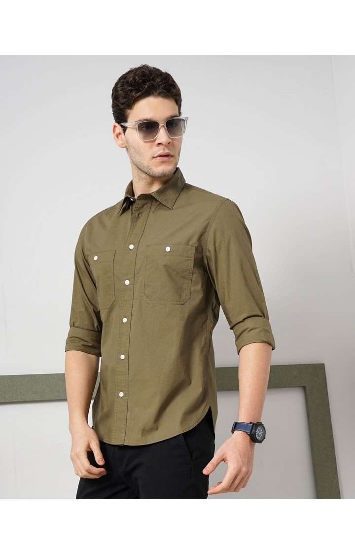 Celio Men Khaki Solid Regular Fit Cotton Casual Shirt