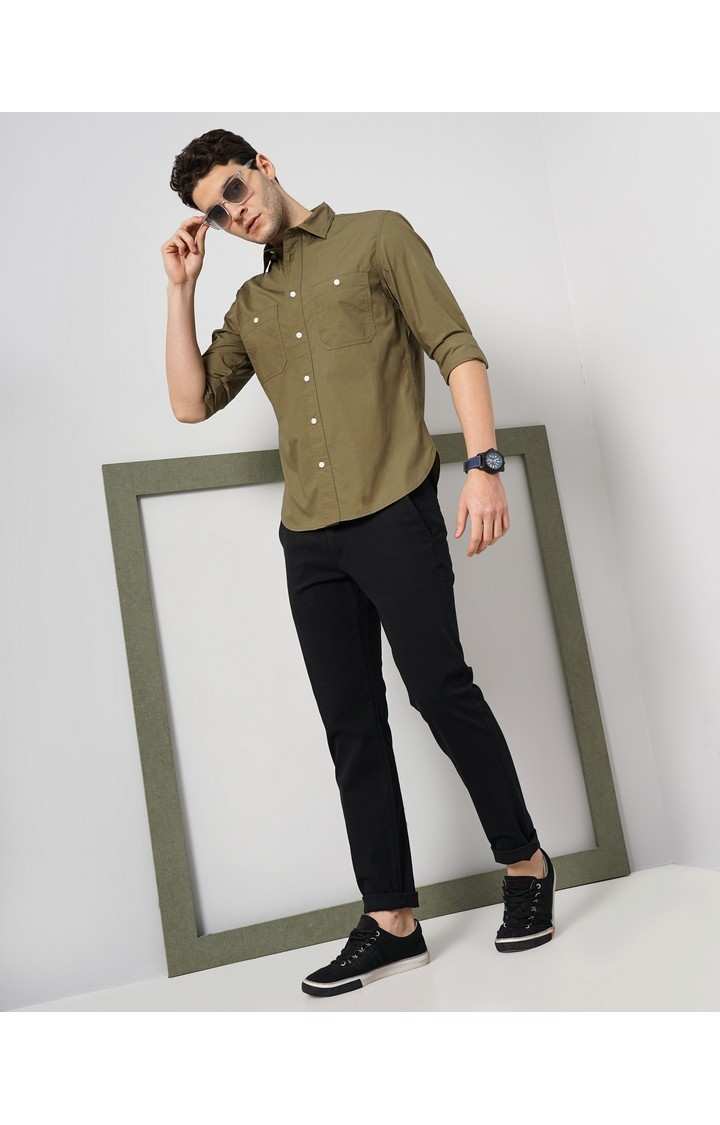 Celio Men Khaki Solid Regular Fit Cotton Casual Shirt