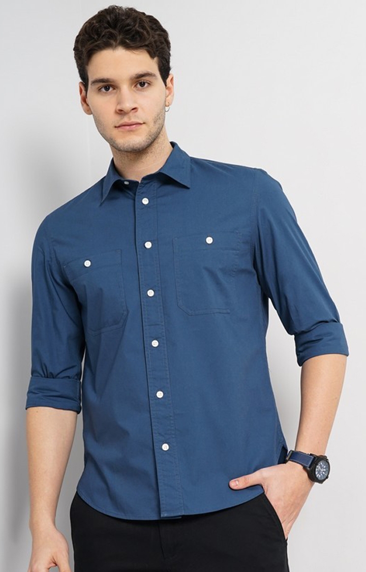 celio | Celio Men Blue Solid Regular Fit Cotton Casual Shirt
