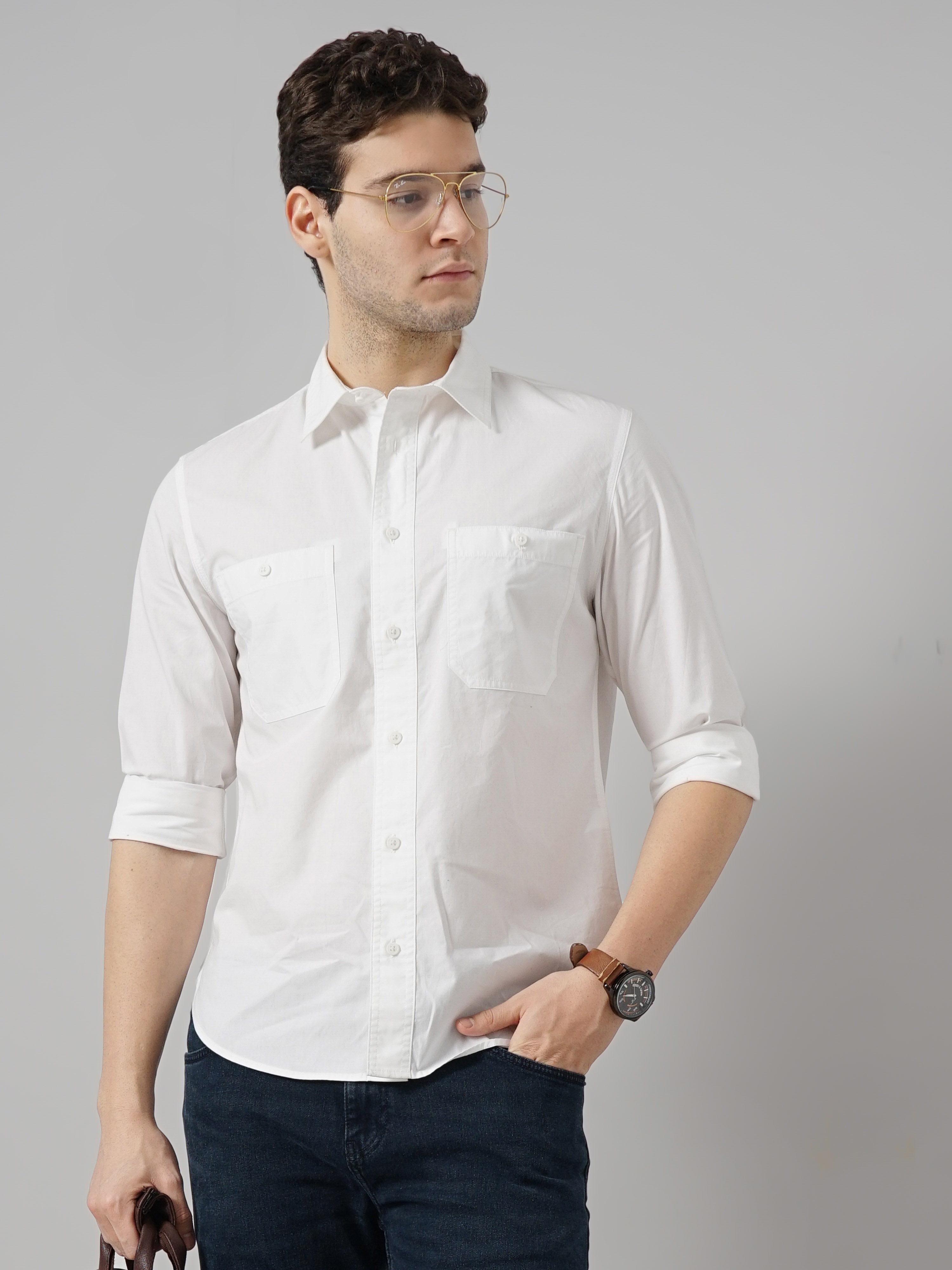 celio | Celio Men White Solid Regular Fit Cotton Casual Shirt