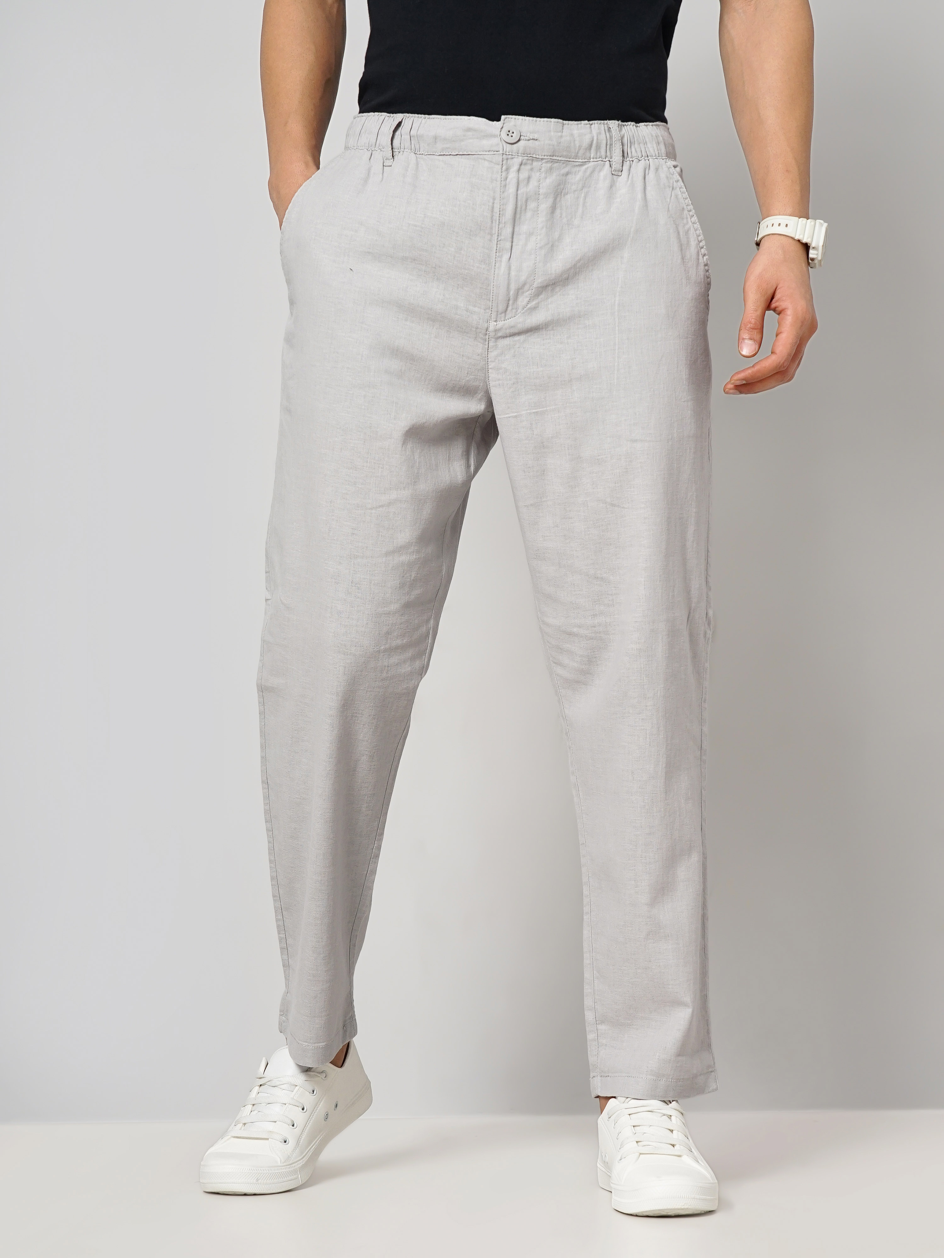 Celio Men Grey Solid Regular Fit Linen Trousers