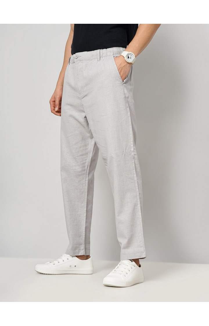 Celio Men Grey Solid Regular Fit Linen Trousers