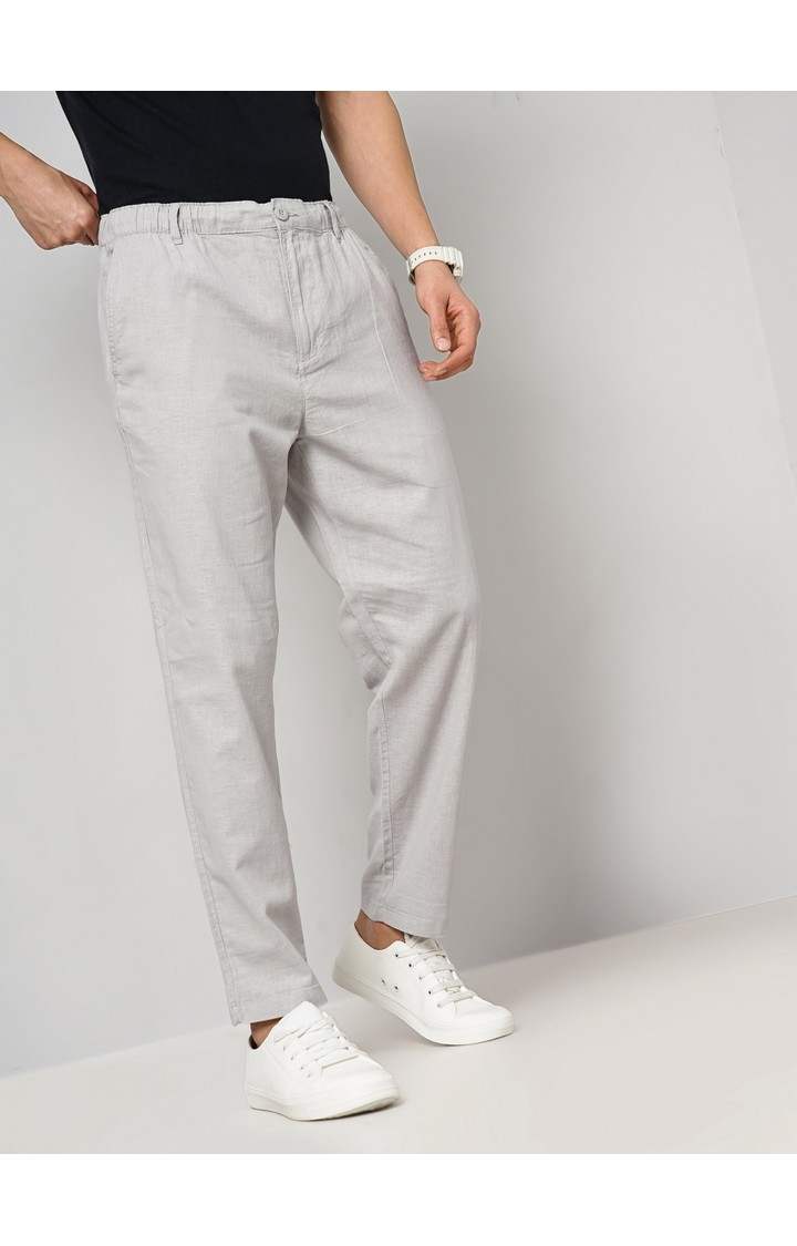 Celio Men Grey Solid Regular Fit Linen Trousers