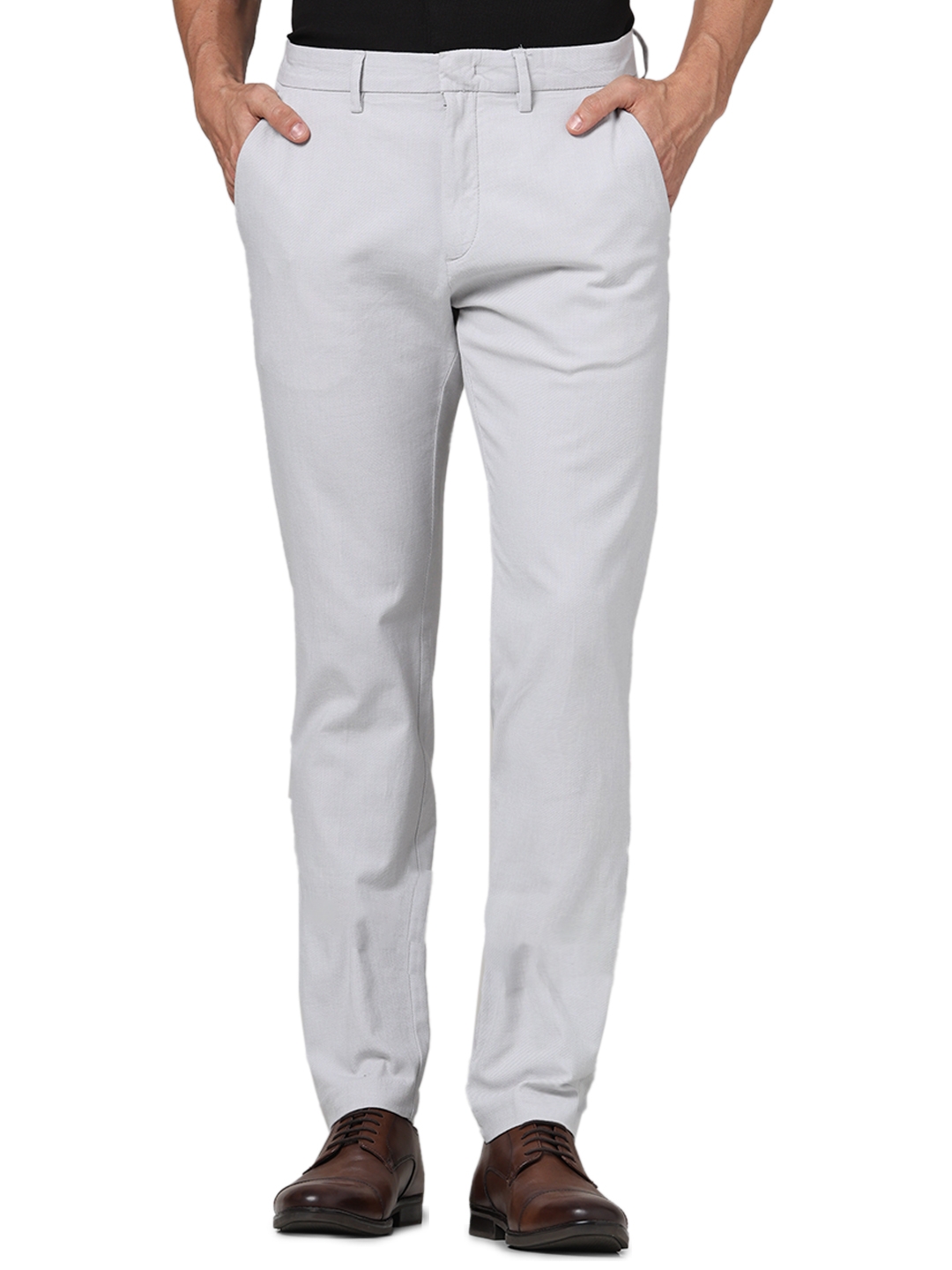 Celio Men Grey Solid Slim Fit Cotton Formal Trousers