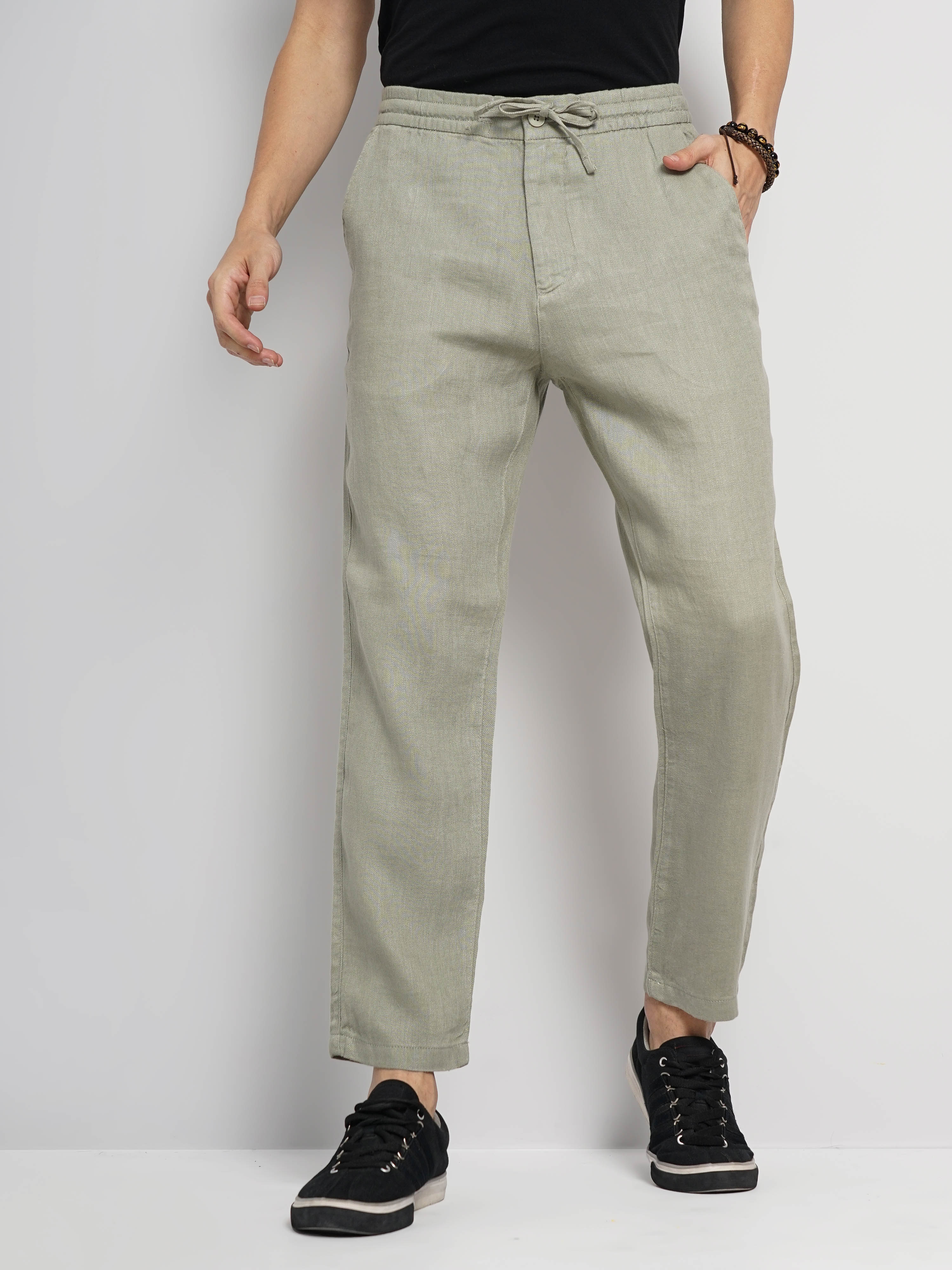 celio | Celio Men Green Solid Regular Fit Linen Trouser