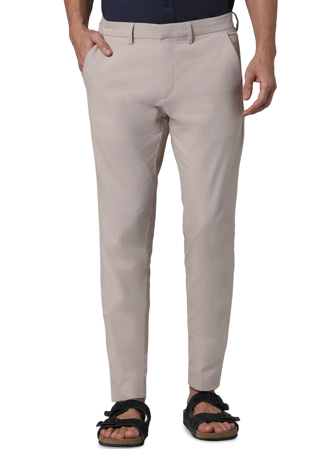 celio | Celio Men Beige Solid Slim Fit Cotton Formal Trousers