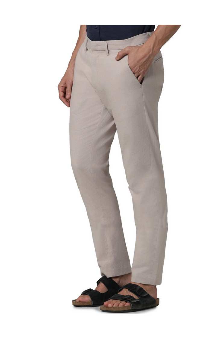 Celio Men Beige Solid Slim Fit Cotton Formal Trousers