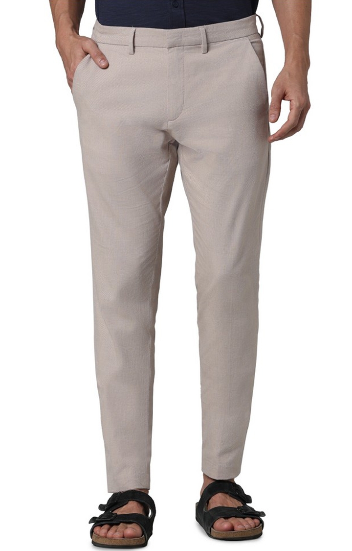 celio | Celio Men Beige Solid Slim Fit Cotton Formal Trousers