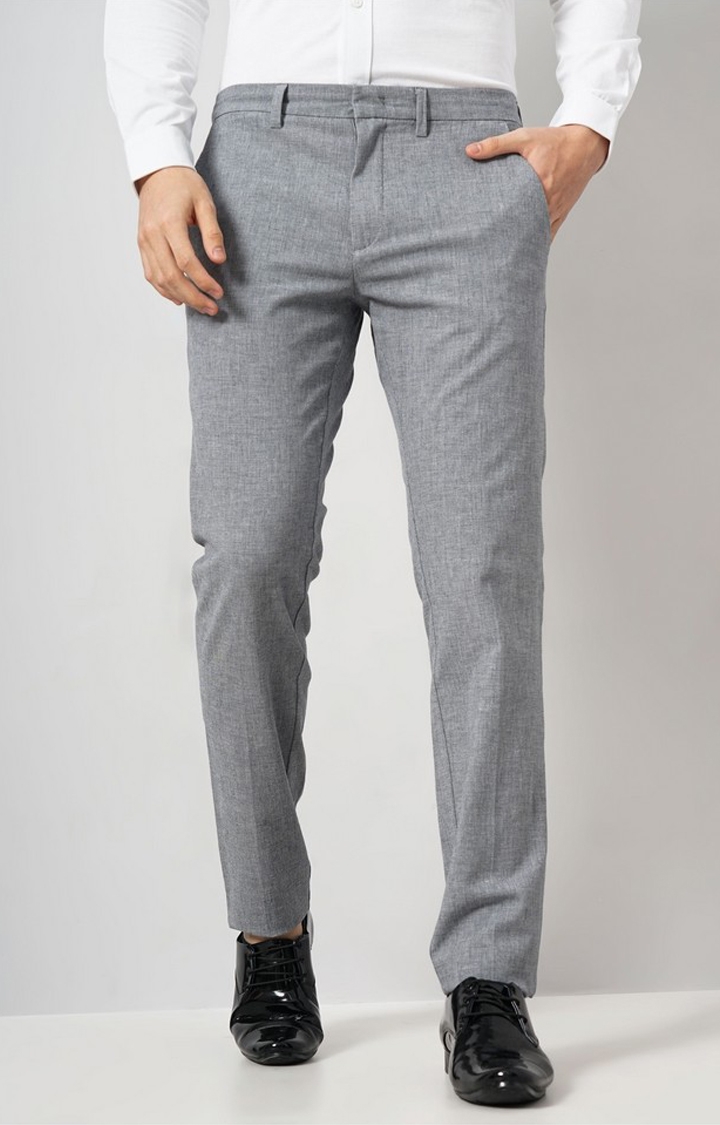 celio | Celio Men Navy Blue Solid Slim Fit Cotton Dobby Elastane Dobby Pants Casual Trousers