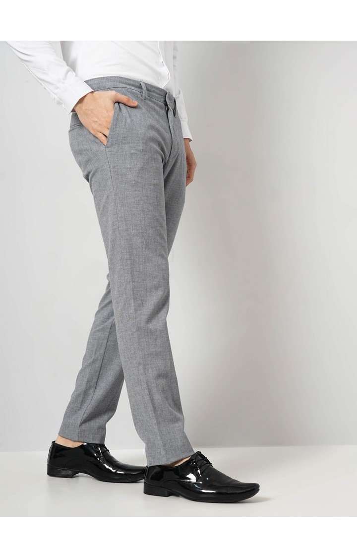 Celio Men Navy Blue Solid Slim Fit Cotton Dobby Elastane Dobby Pants Casual Trousers