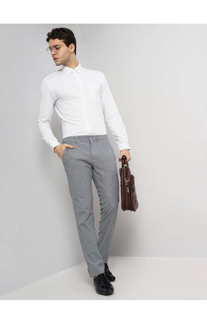 Celio Men Navy Blue Solid Slim Fit Cotton Dobby Elastane Dobby Pants Casual Trousers