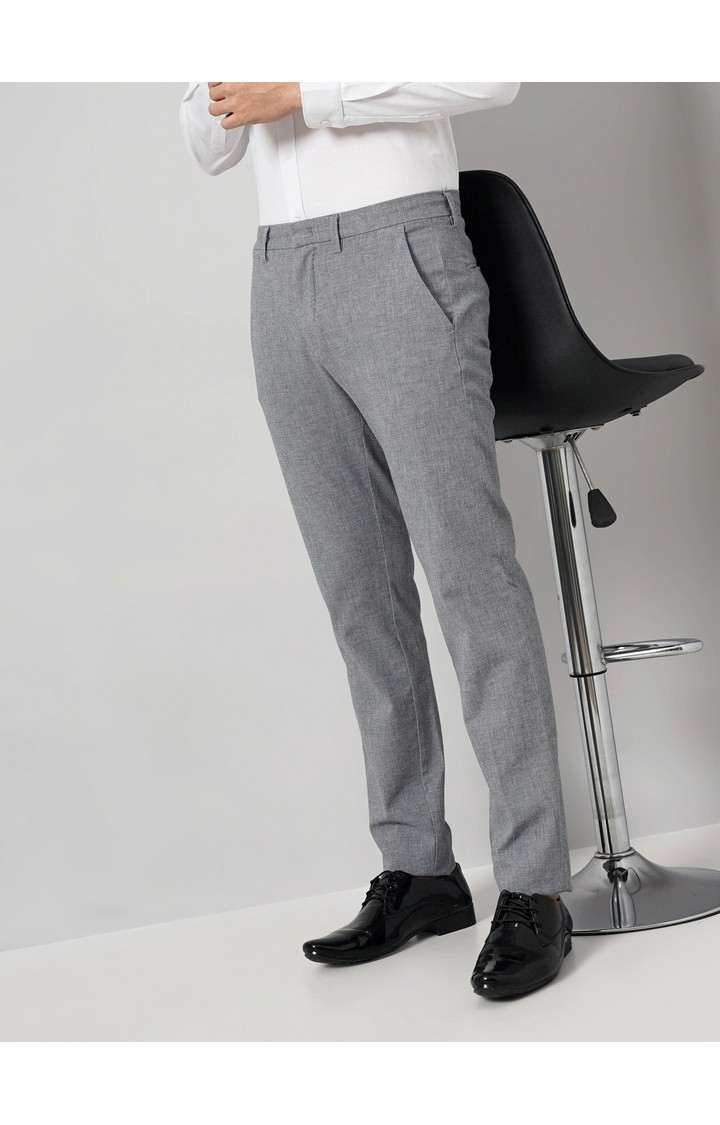 Celio Men Navy Blue Solid Slim Fit Cotton Dobby Elastane Dobby Pants Casual Trousers