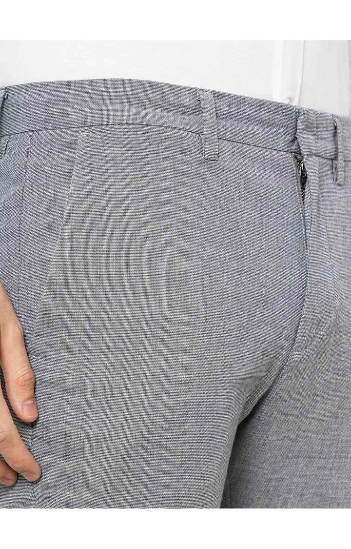 Celio Men Navy Blue Solid Slim Fit Cotton Dobby Elastane Dobby Pants Casual Trousers