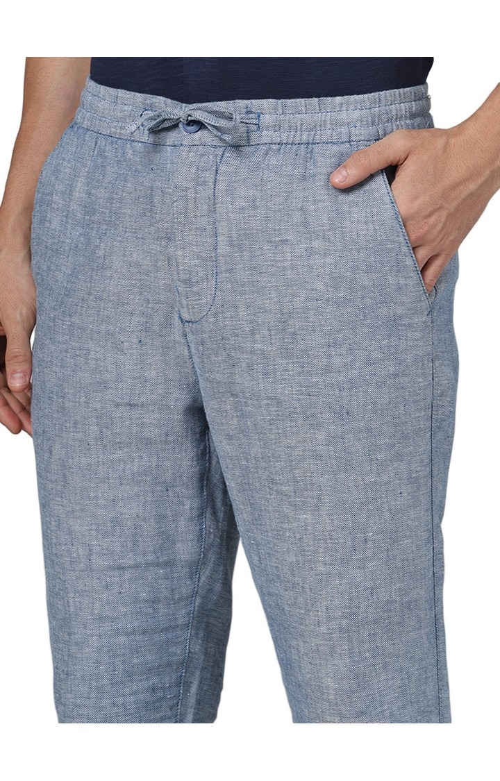 Celio Men Blue Solid Regular Fit Linen Trousers