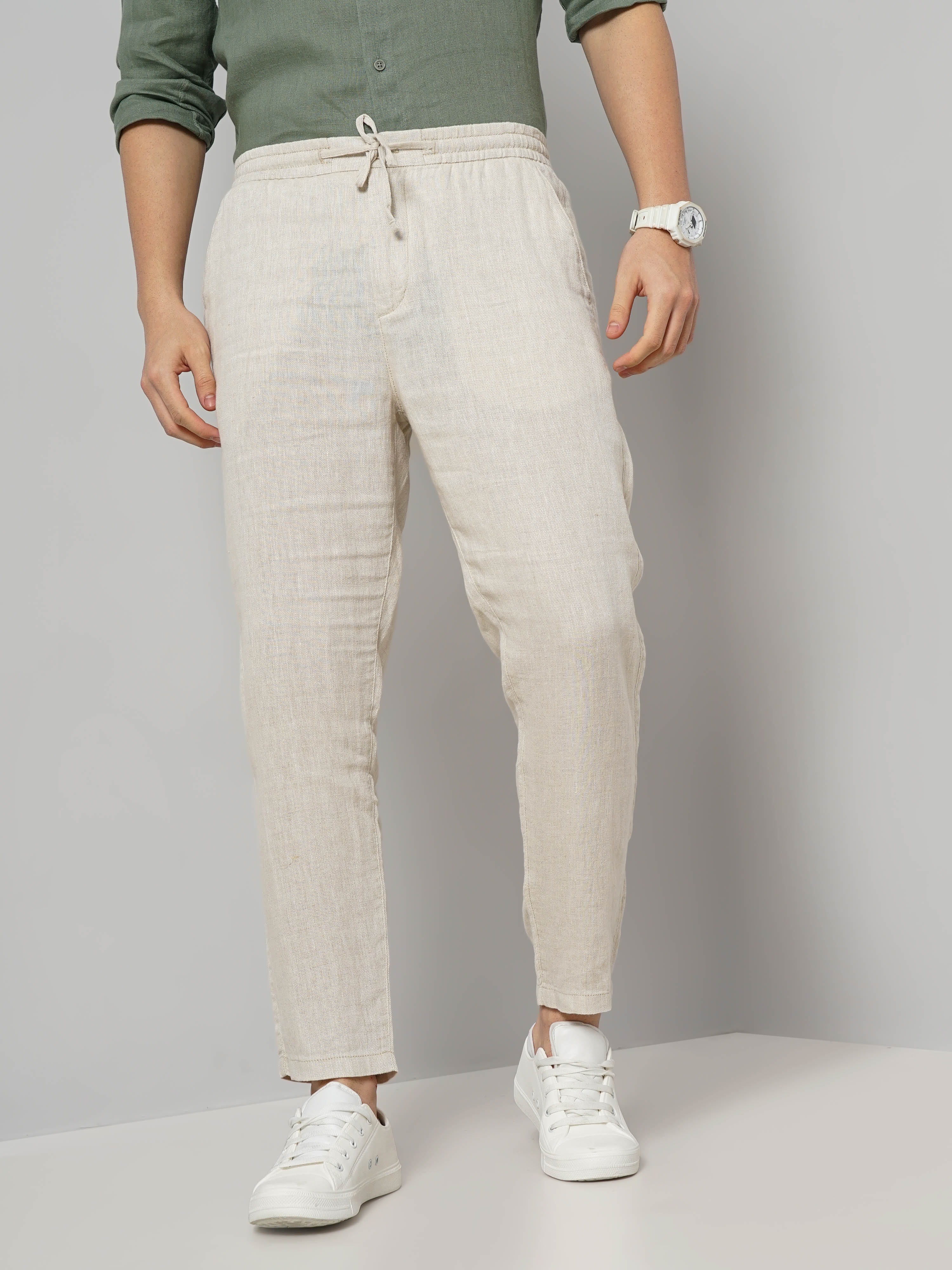 celio | Celio Men Off White Solid Regular Fit Linen Casual Trousers