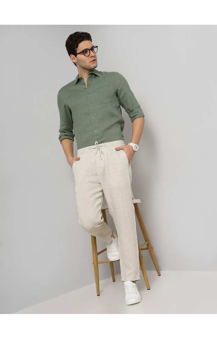 Celio Men Off White Solid Regular Fit Linen Casual Trousers