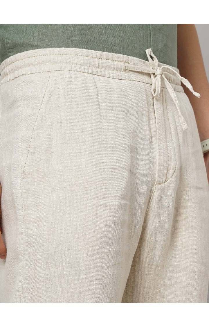 Celio Men Off White Solid Regular Fit Linen Casual Trousers