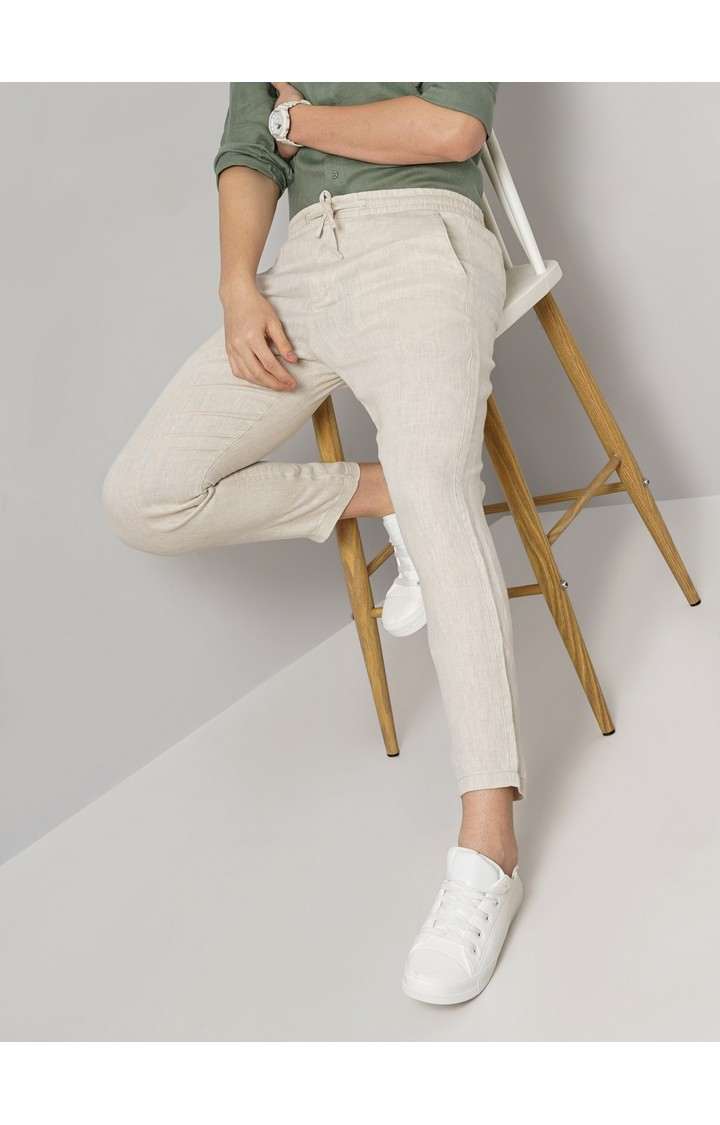 Celio Men Off White Solid Regular Fit Linen Casual Trousers