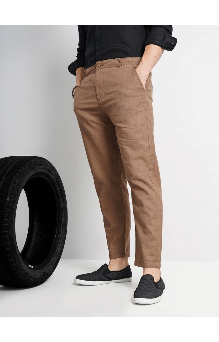Celio Men Brown Solid Regular Fit Linen Trousers