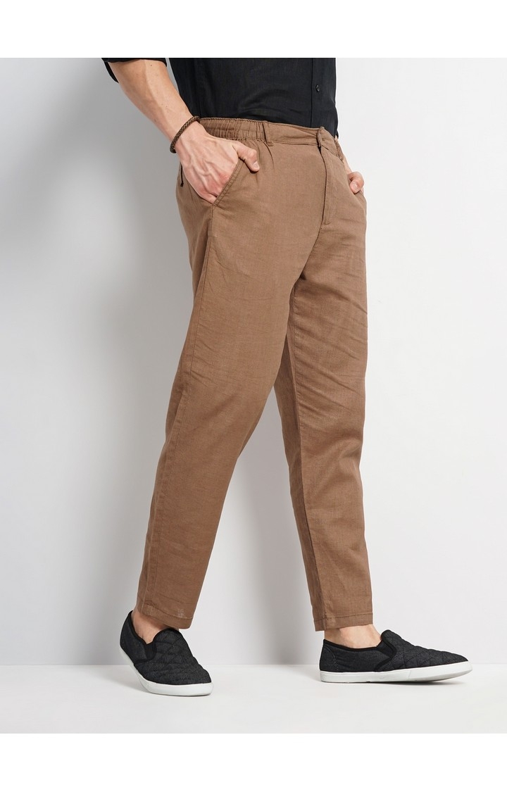 Celio Men Brown Solid Regular Fit Linen Trousers