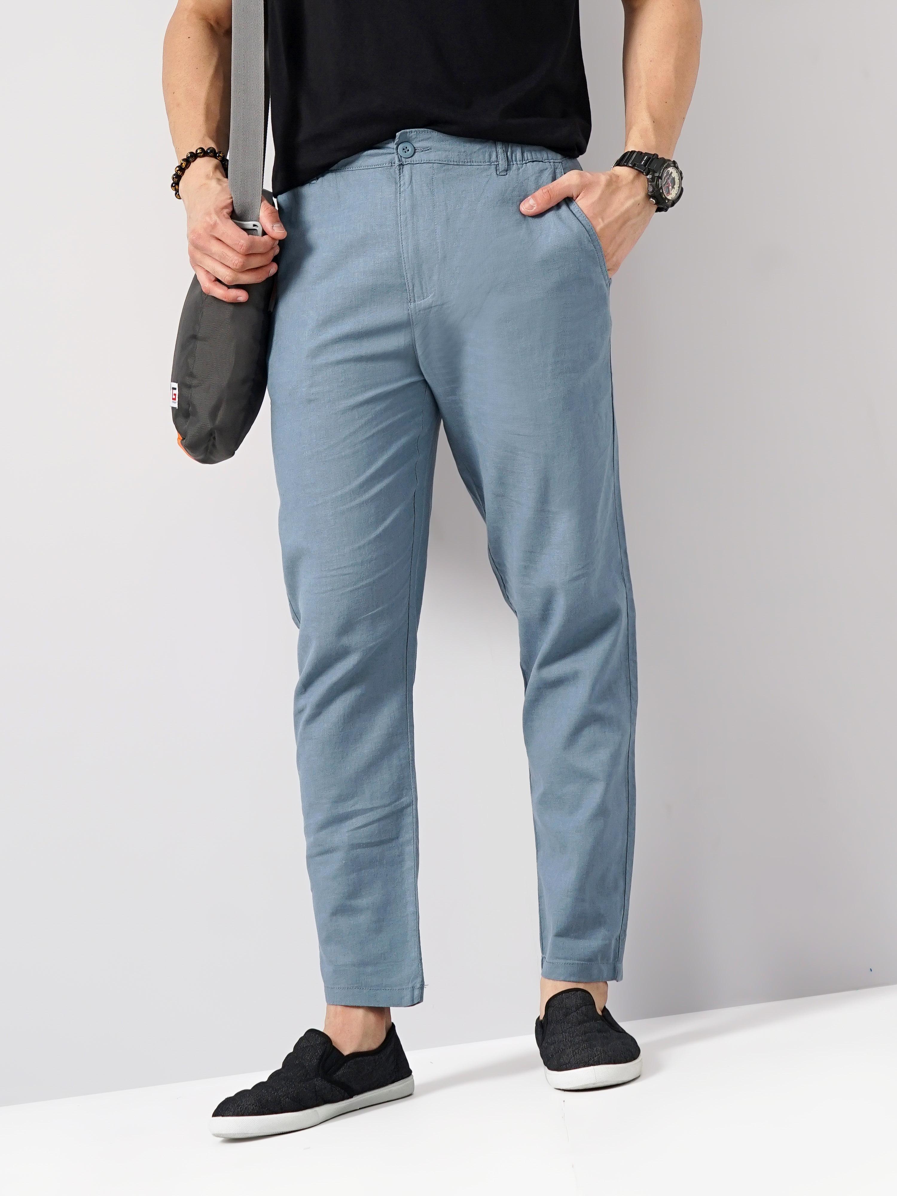 celio | Celio Men Blue Solid Regular Fit Linen Trousers