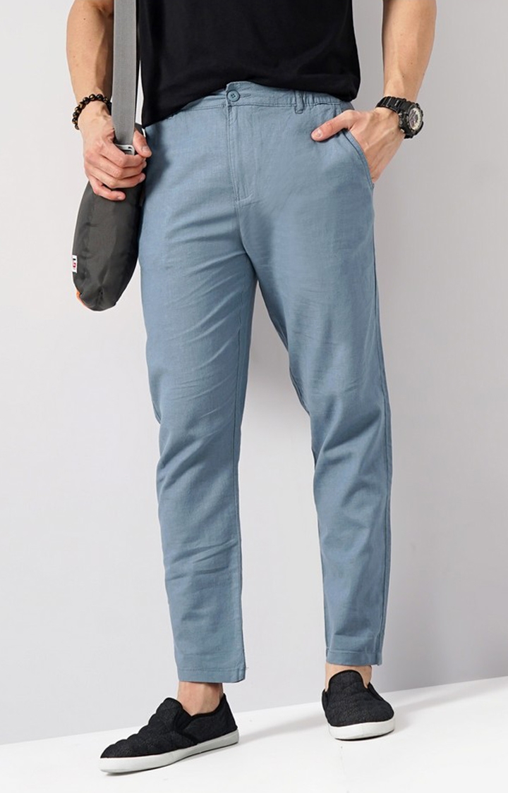 Celio Men Blue Solid Regular Fit Linen Trousers